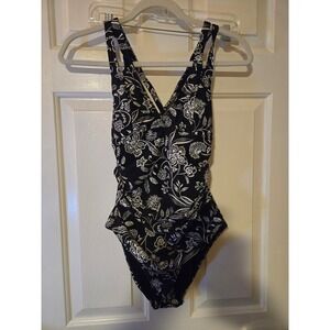 Cupshe Black Floral Print One Piece Swimsuit Ruched Cutout Back Size S